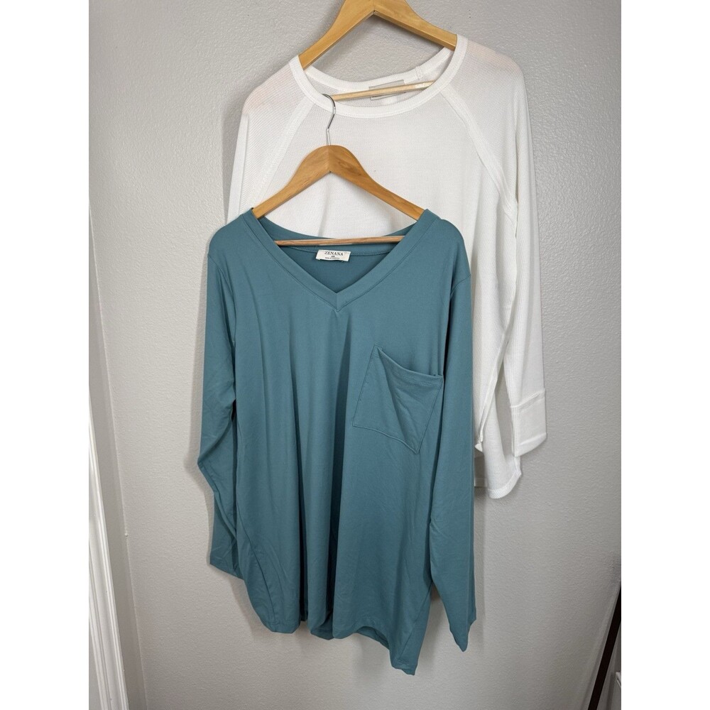 Lot Of 2 Zenana Long Sleeve‎ Tunic Top Baby Waffle & Microfiber Women's 2X White